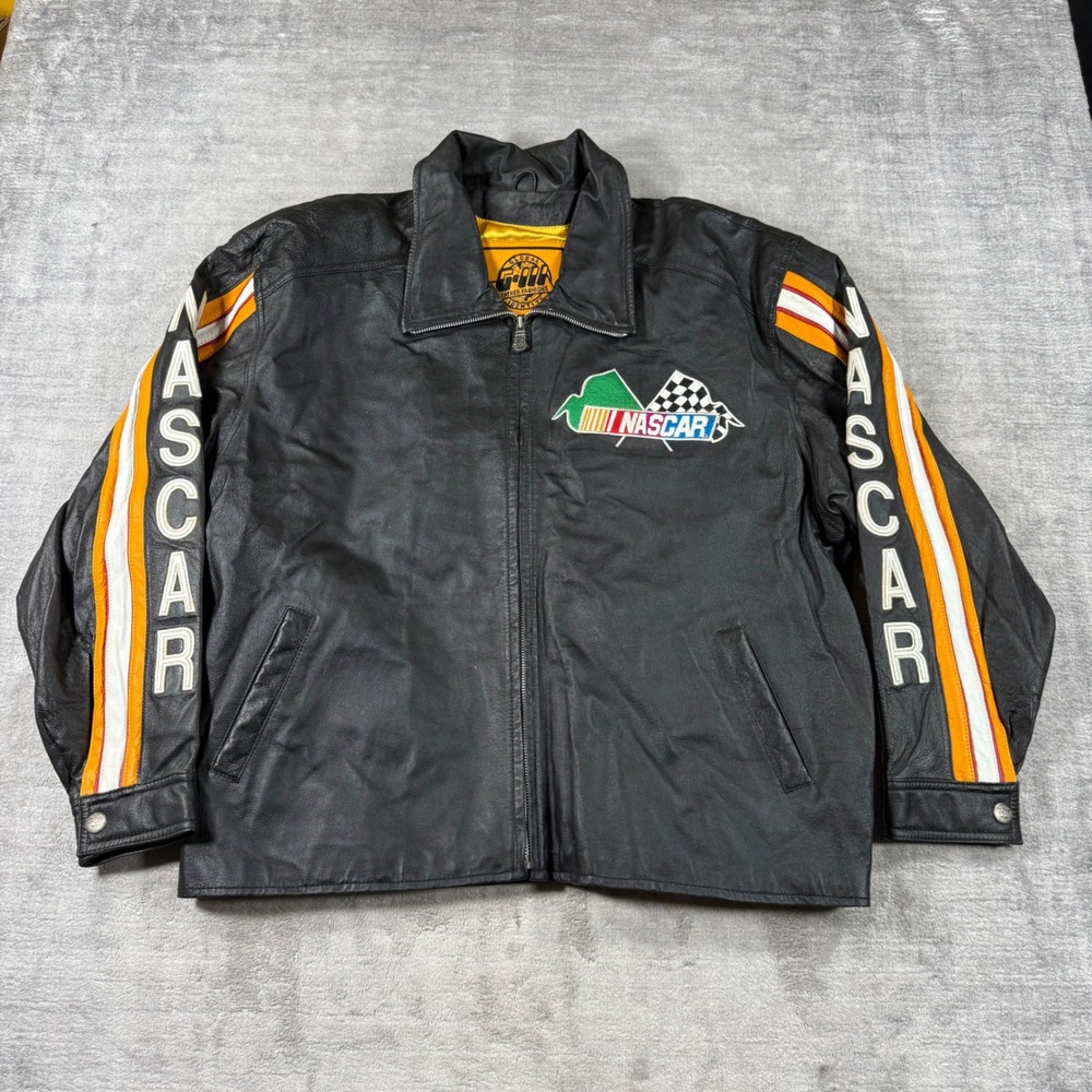 NASCAR Leather Jacket Men XXL Black VTG Embroidered GIII Racing Logo Moto Bomber